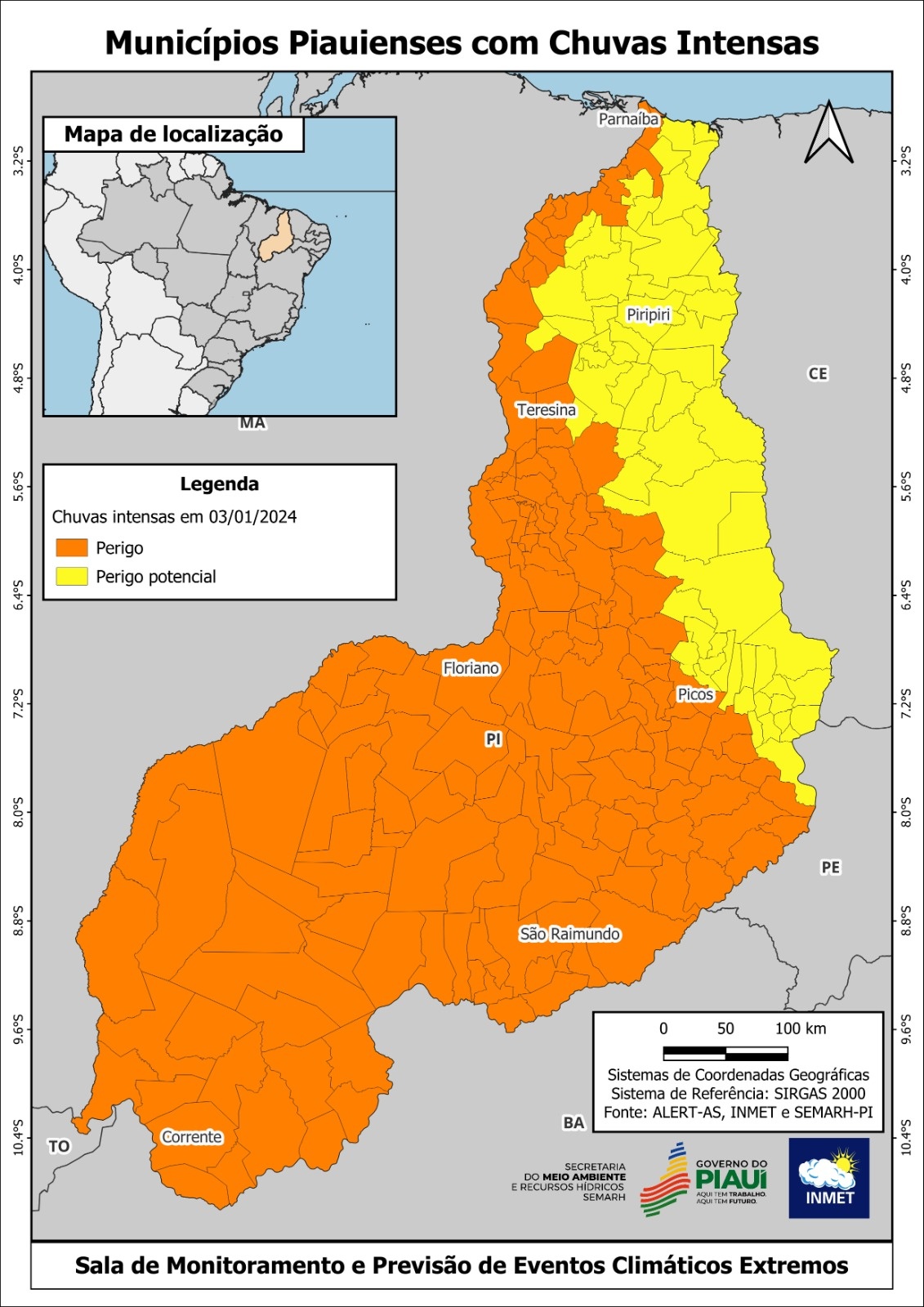Toda a fronteira com o Cerará está sob alerta amarelo.