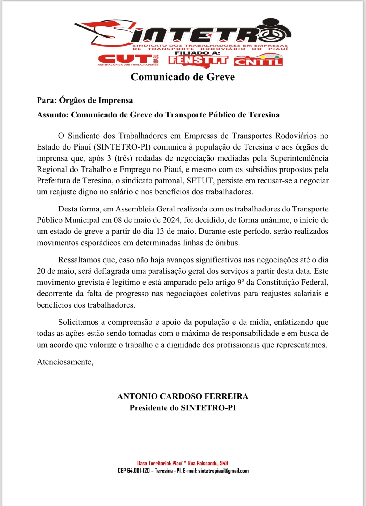 Nota do Sintetro