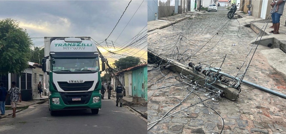 Fiação arrastada pelo caminhão.
