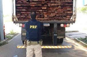 PRF apreende caminhão com carga ilegal de madeira na BR-316 no Piauí. (Foto: Divulgação/ PRF-PI)