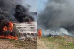 Incêndio atinge deposito de piscinas em Parnaíba. (Foto: Reprodução/ Internet)